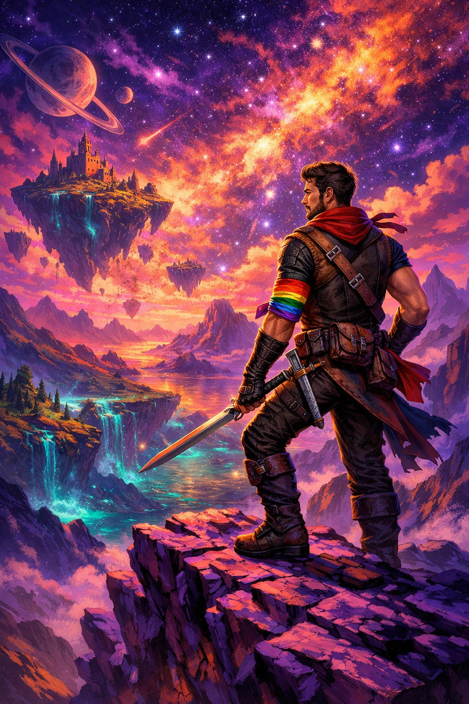 A queer adventurer overlooking a magical landscape, representing the variety of gay fantasy romance.