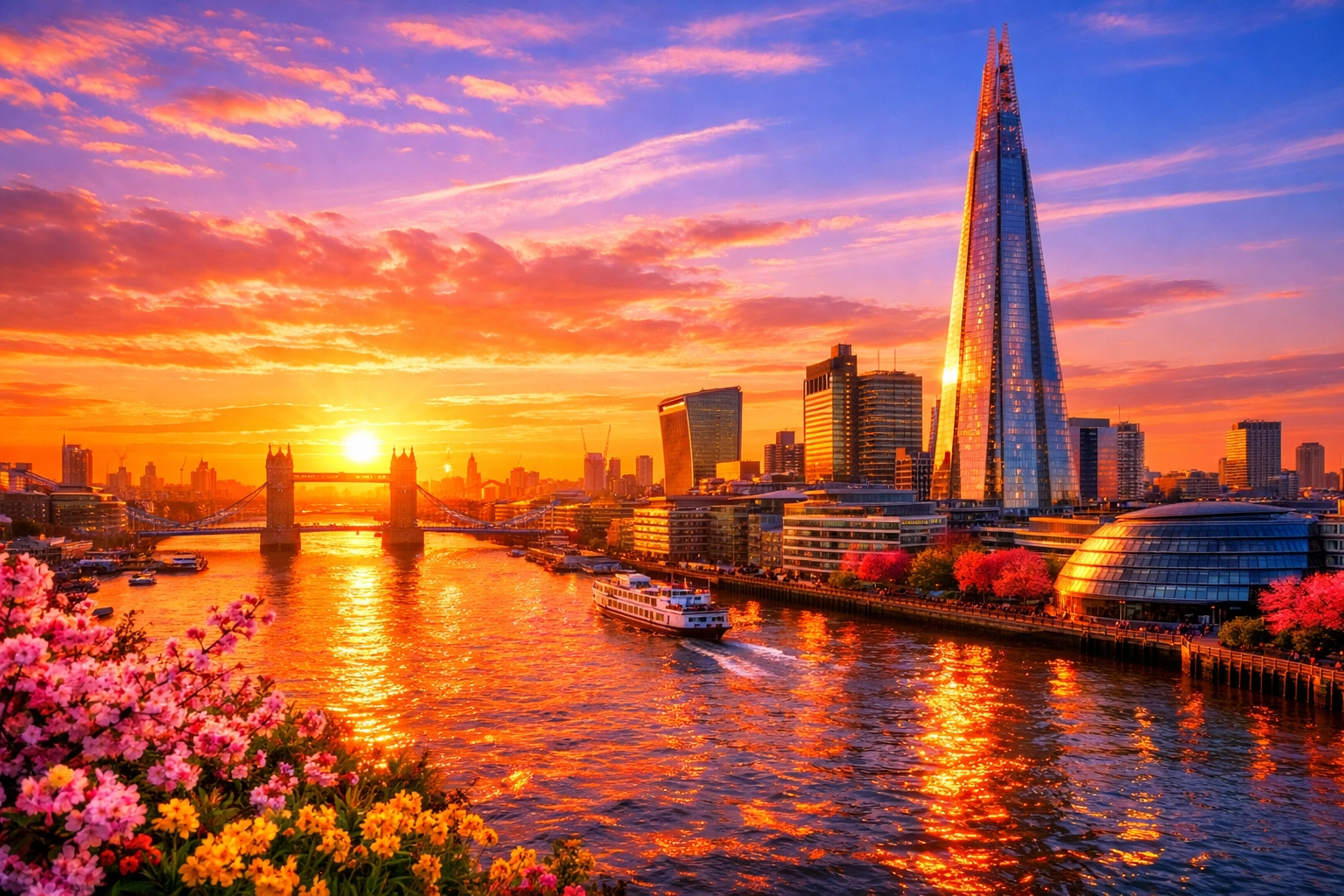Sun setting over the London skyline and River Thames during British Summer Time.