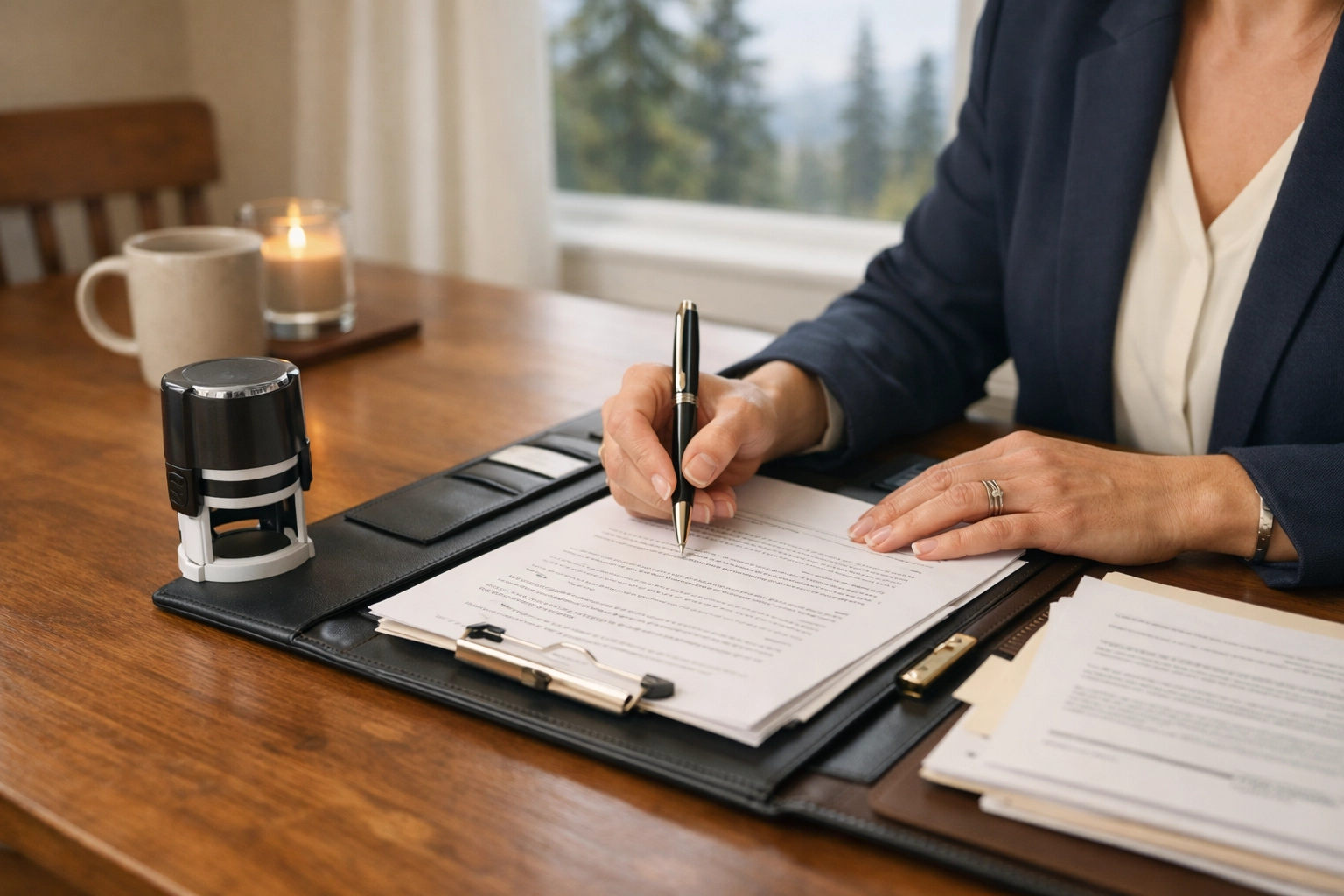 Mobile notary reviewing and notarizing documents at client's home