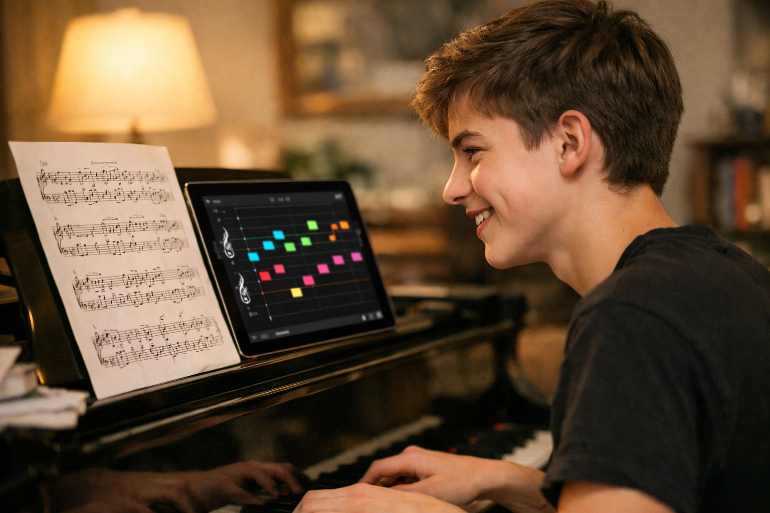 Joyful student practicing music composition and creative problem-solving at a piano in a home studio.