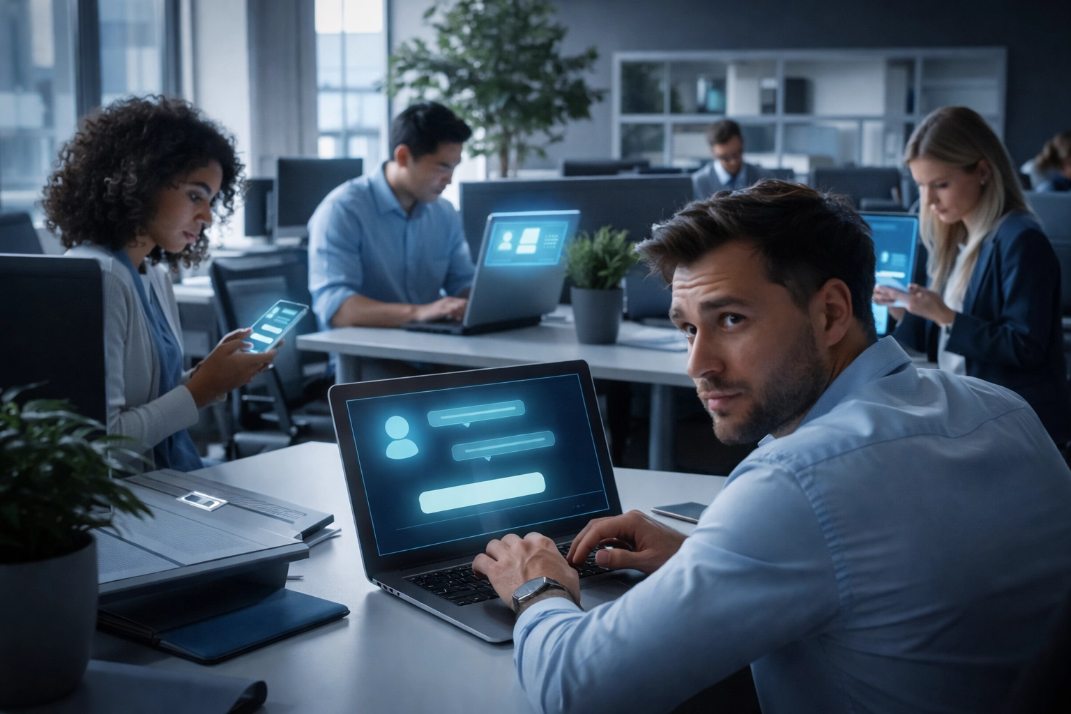 Office employees using AI tools in secret at work, highlighting hidden AI automation risks for businesses