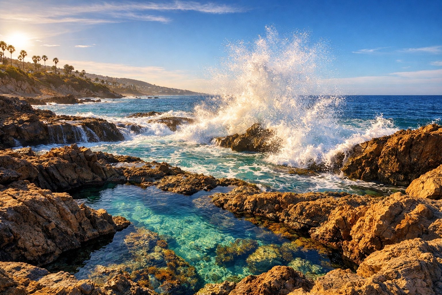 Scenic photography location at Laguna Beach featuring rugged coastline rocks and crashing ocean waves.