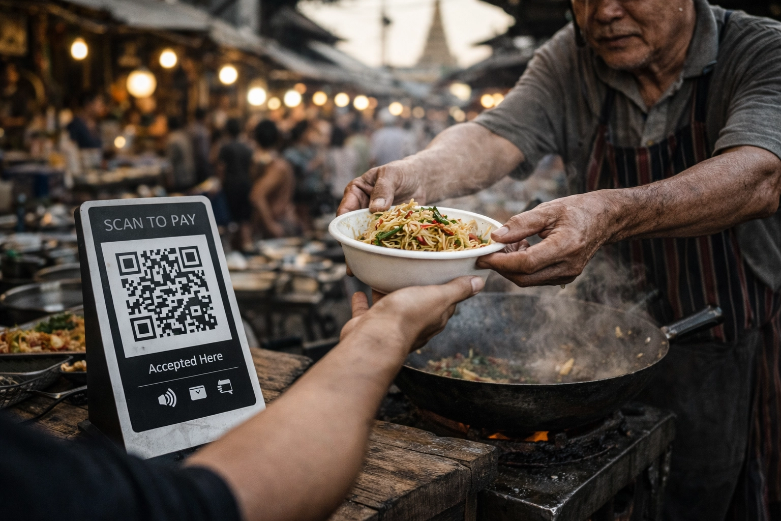 Thai street food vendor using a digital QR code payment system in a traditional Bangkok market.