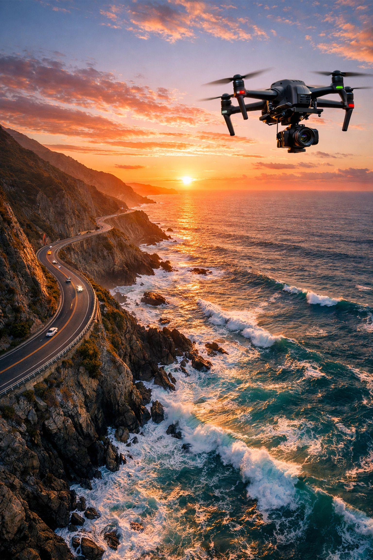 A camera drone flying over a coastline at sunset, highlighting trends in commercial photography news.