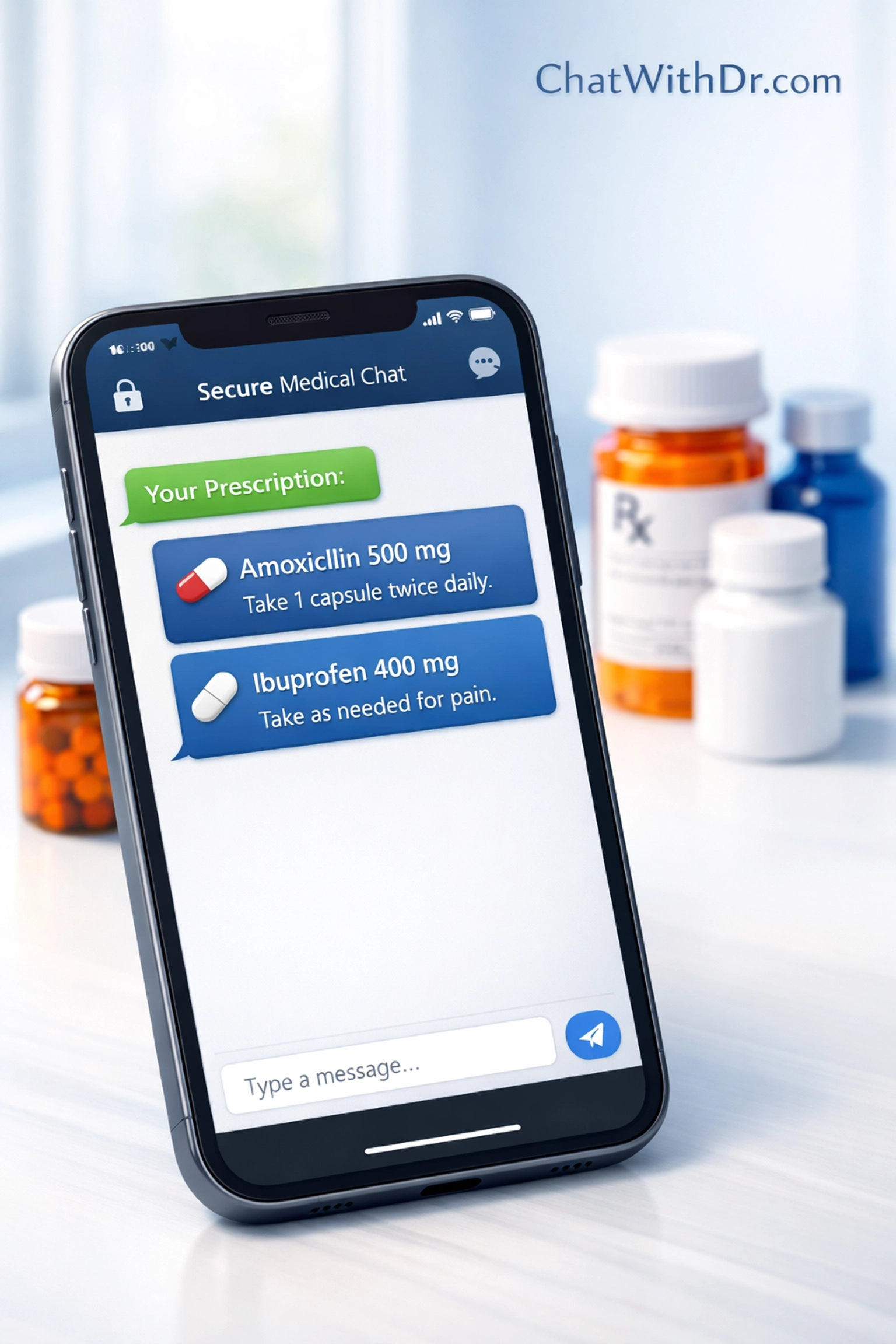 Smartphone displaying secure medical chat for online prescription refills with medication bottles