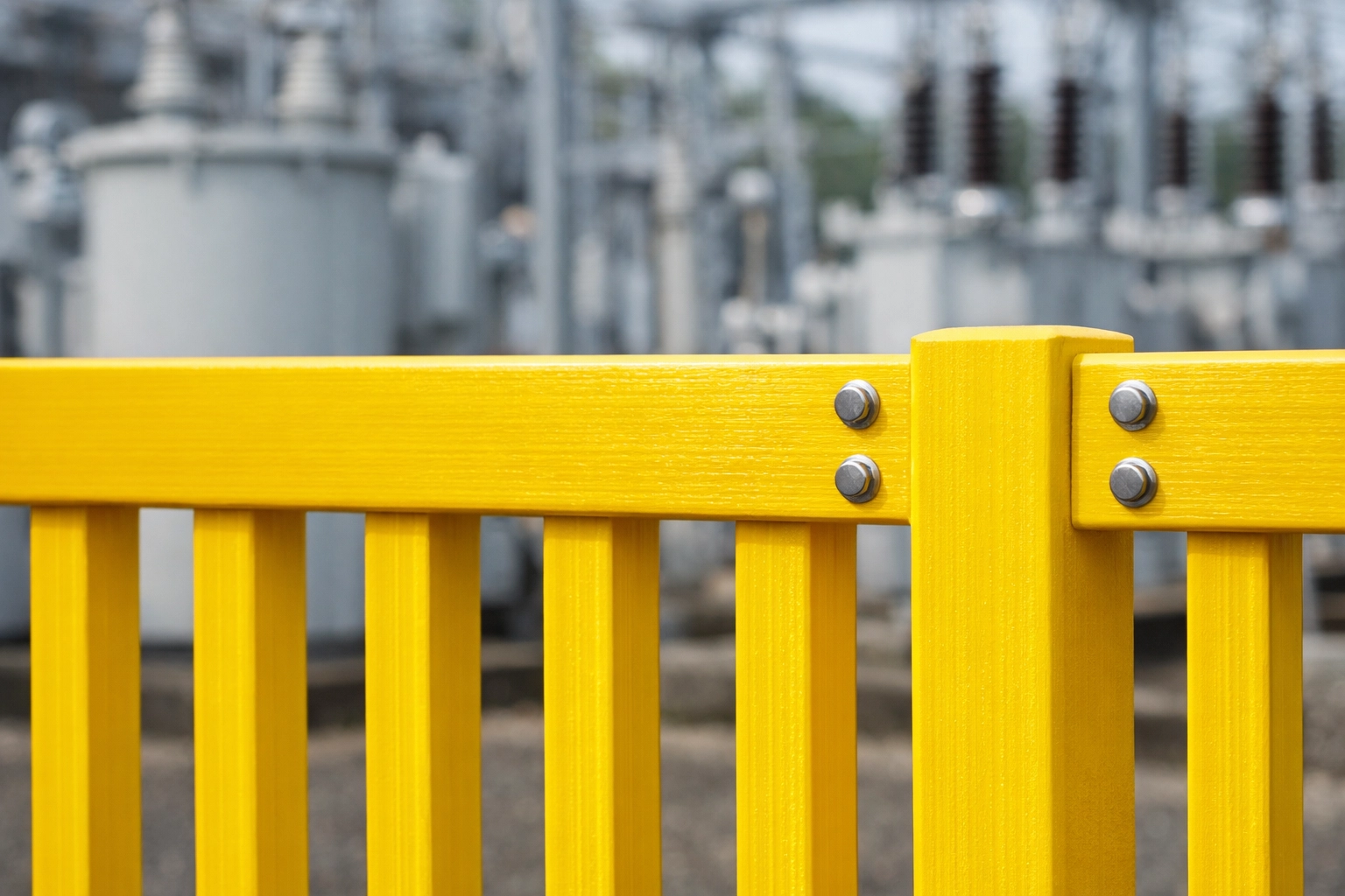 Close-up view of bright safety yellow pultruded FRP fencing (rigid pickets and rails) installed in an electrical utility yard, highlighting non-conductive, weather-resistant infrastructure.