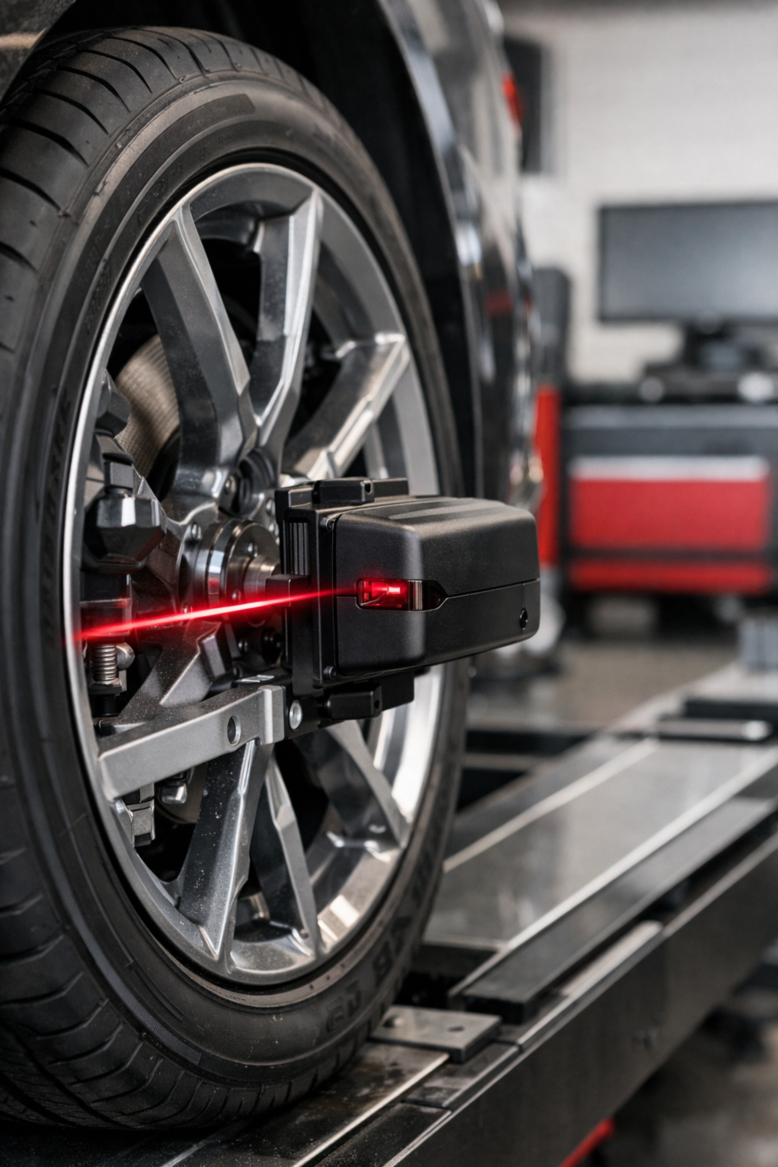 Professional wheel alignment equipment adjusting a vehicle's suspension at an Aliso Viejo auto shop.