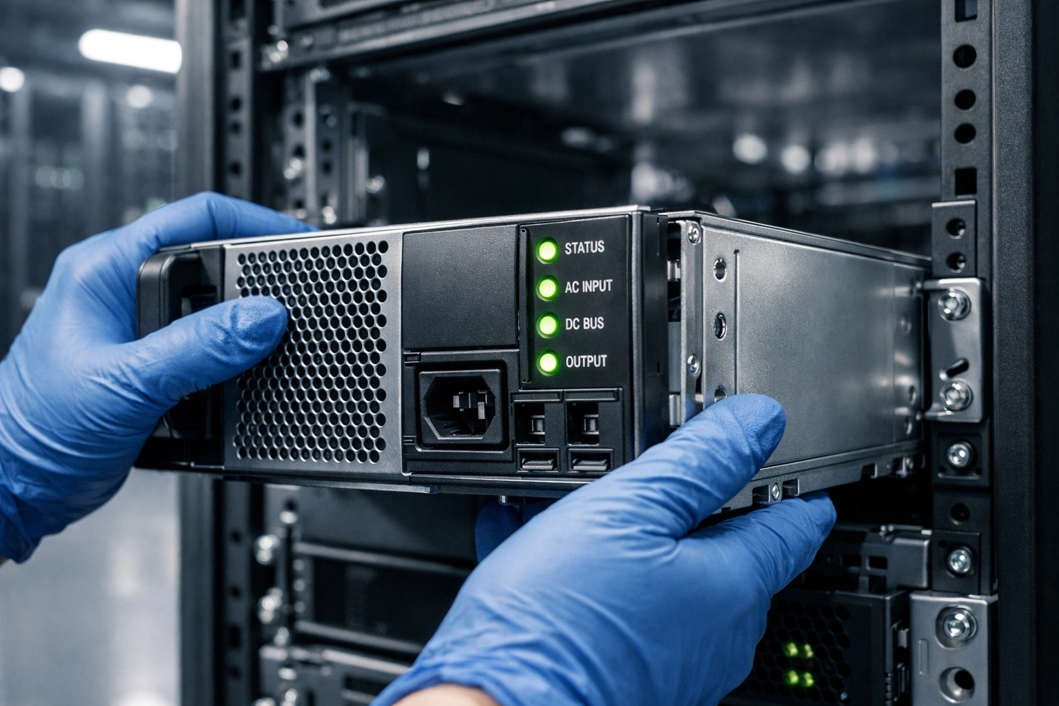 Technician installing hot-swappable modular UPS power module into rack