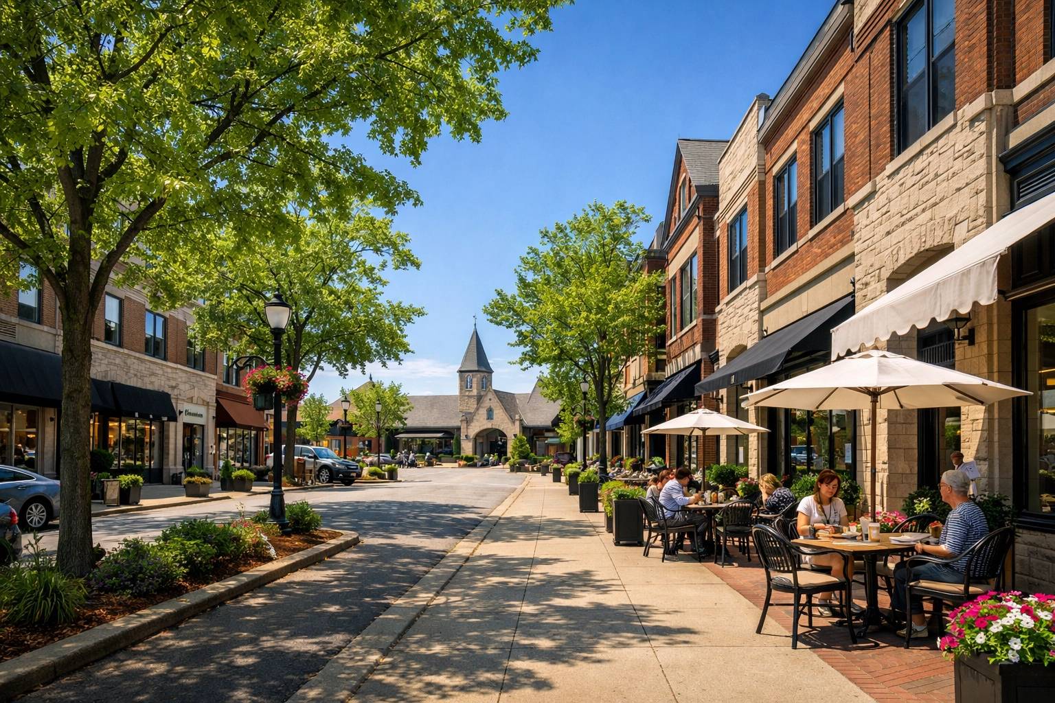 Walkable downtown street in Winnetka featuring local shops and cafes in North Shore Chicago.