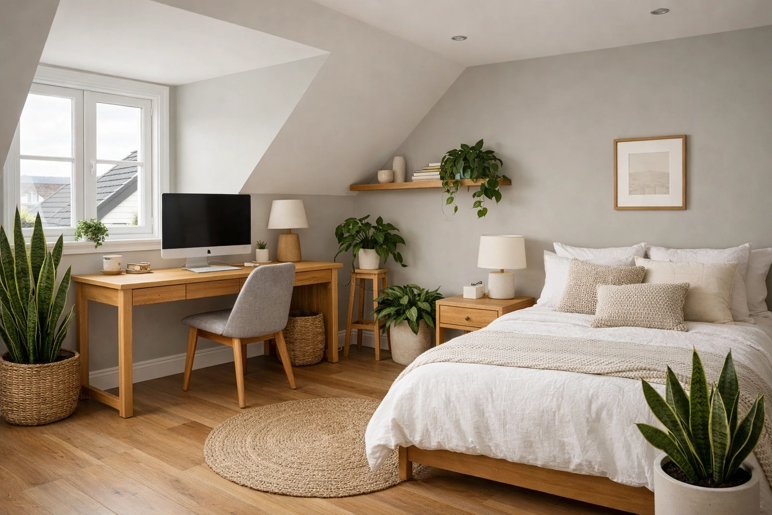 Neutral design Christchurch loft conversion combining home office desk and guest sleeping area