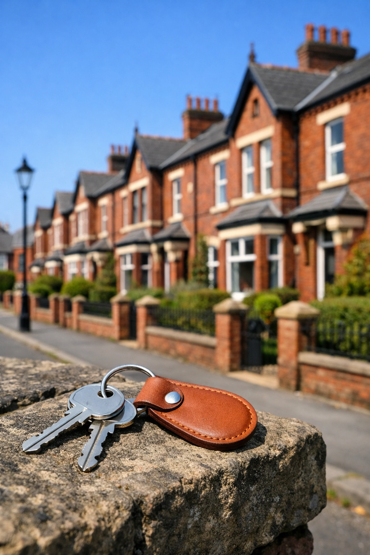 Traditional red-brick Victorian terraced houses in Oldham with house keys on a stone wall in the foreground.