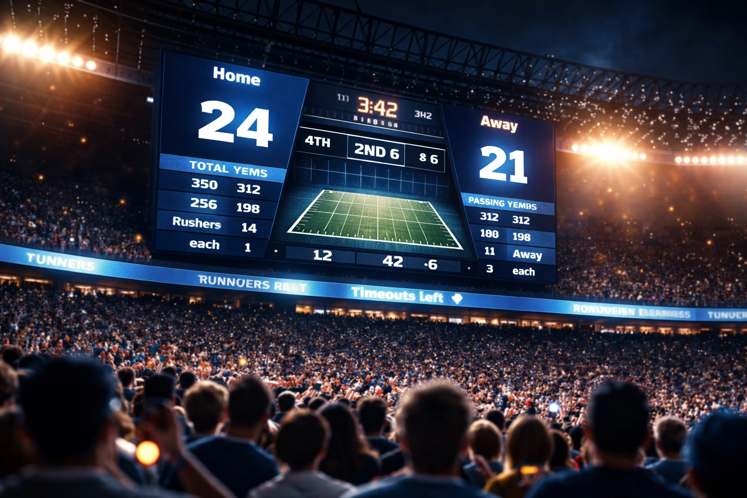 Stadium digital scoreboard showing live sports data and scores to engaged fans during an evening game, illustrating effective digital signage marketing.