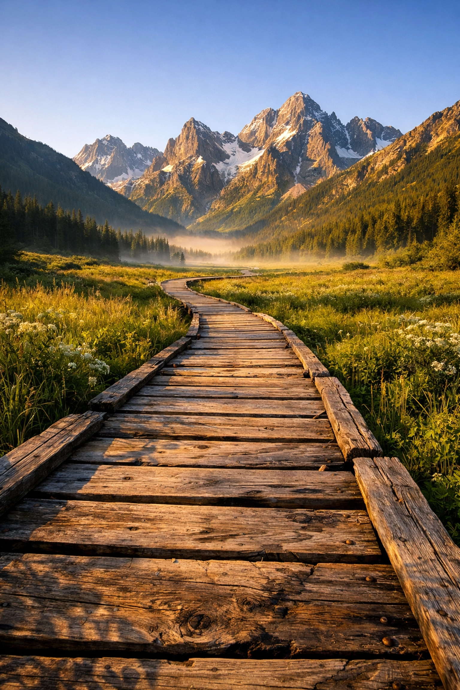 Wooden boardwalk creating leading lines toward snowy mountains in a professional landscape photography shot.