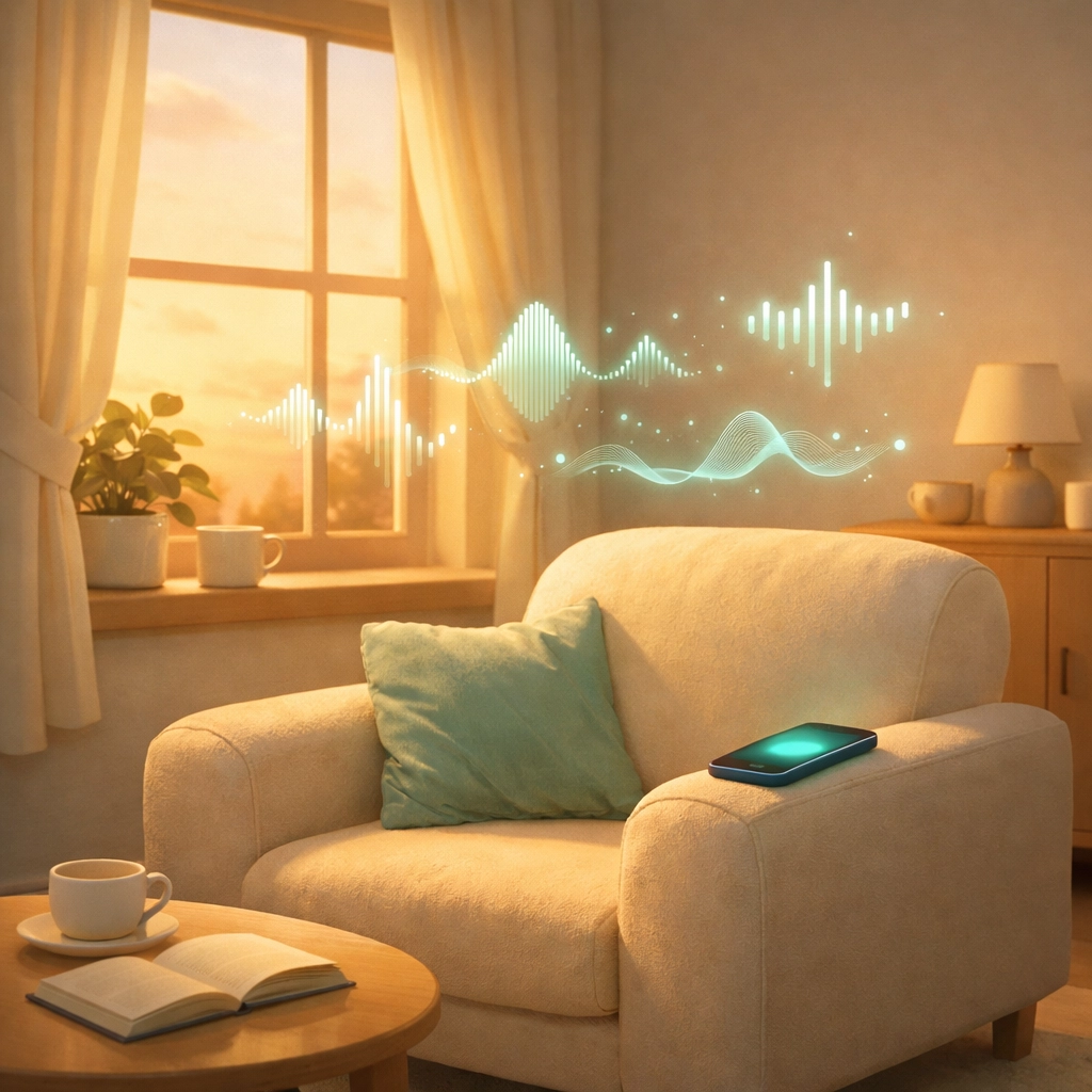 Smartphone voice journal app capturing family stories in comfortable home setting