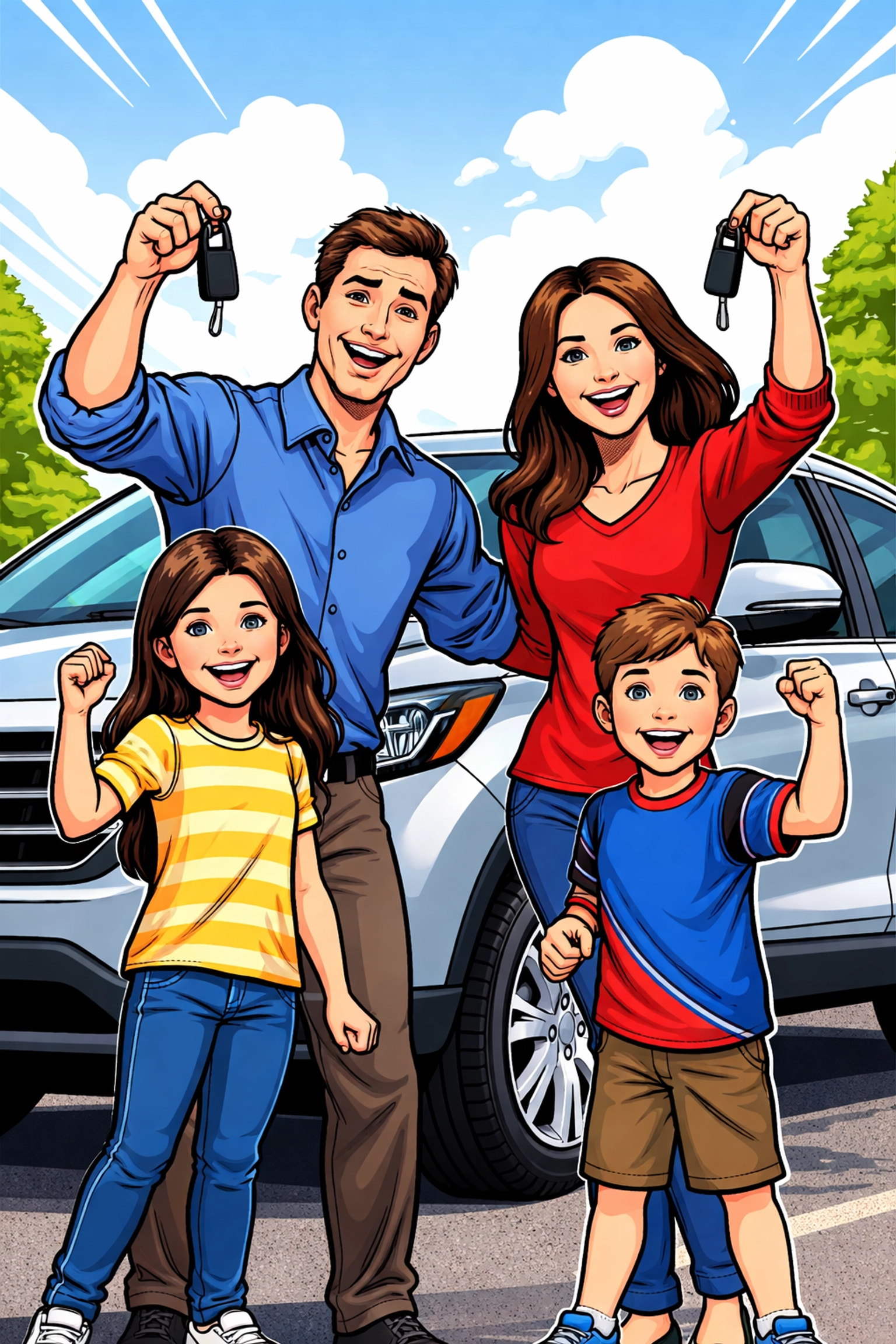 Happy family stands by their new SUV, celebrating an easy car purchase near Barnhart Missouri.