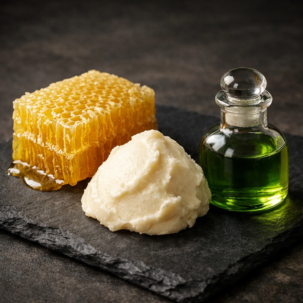 Natural beard wax ingredients including honeycomb, shea butter, and premium broccoli seed oil.