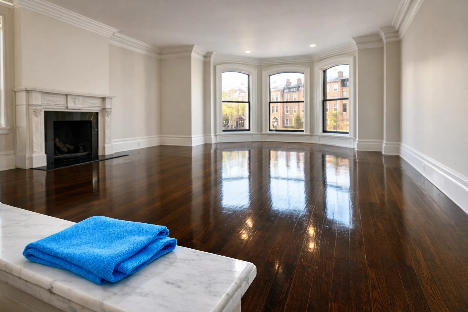 Professionally cleaned empty Boston brownstone living room with polished hardwood floors for security deposit return.