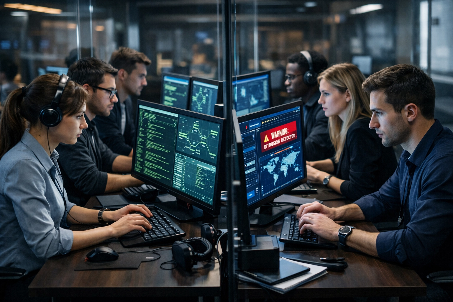 Cybersecurity team training exercise in collaborative pod with multiple monitors and workstations