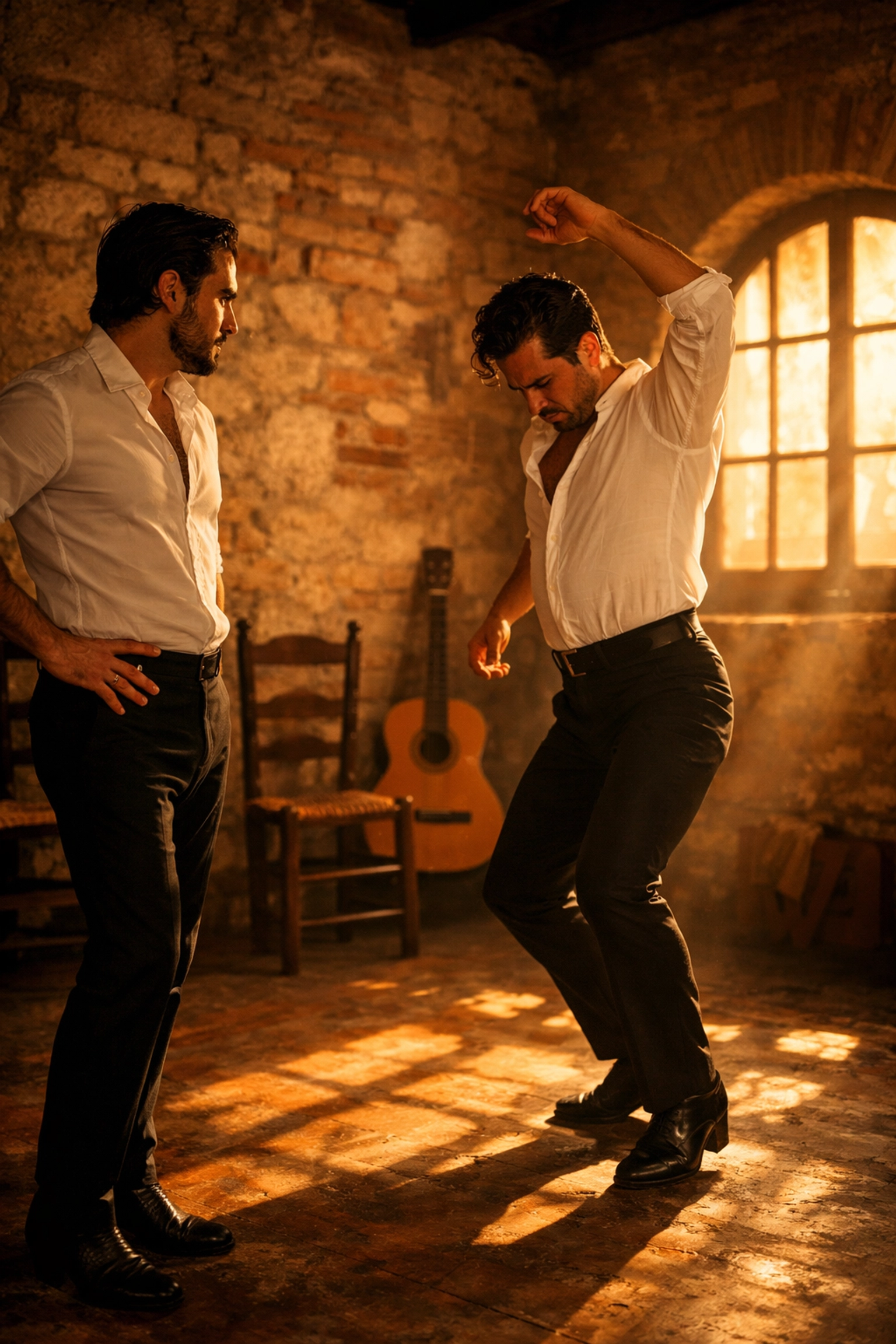 Two men practicing traditional flamenco dance in sunlit Spanish studio