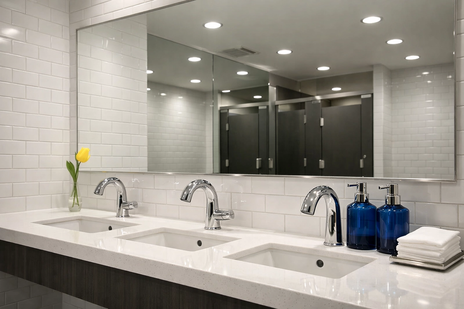 Sanitized commercial restroom in Holliston featuring streak-free mirrors and spotless white tiles.