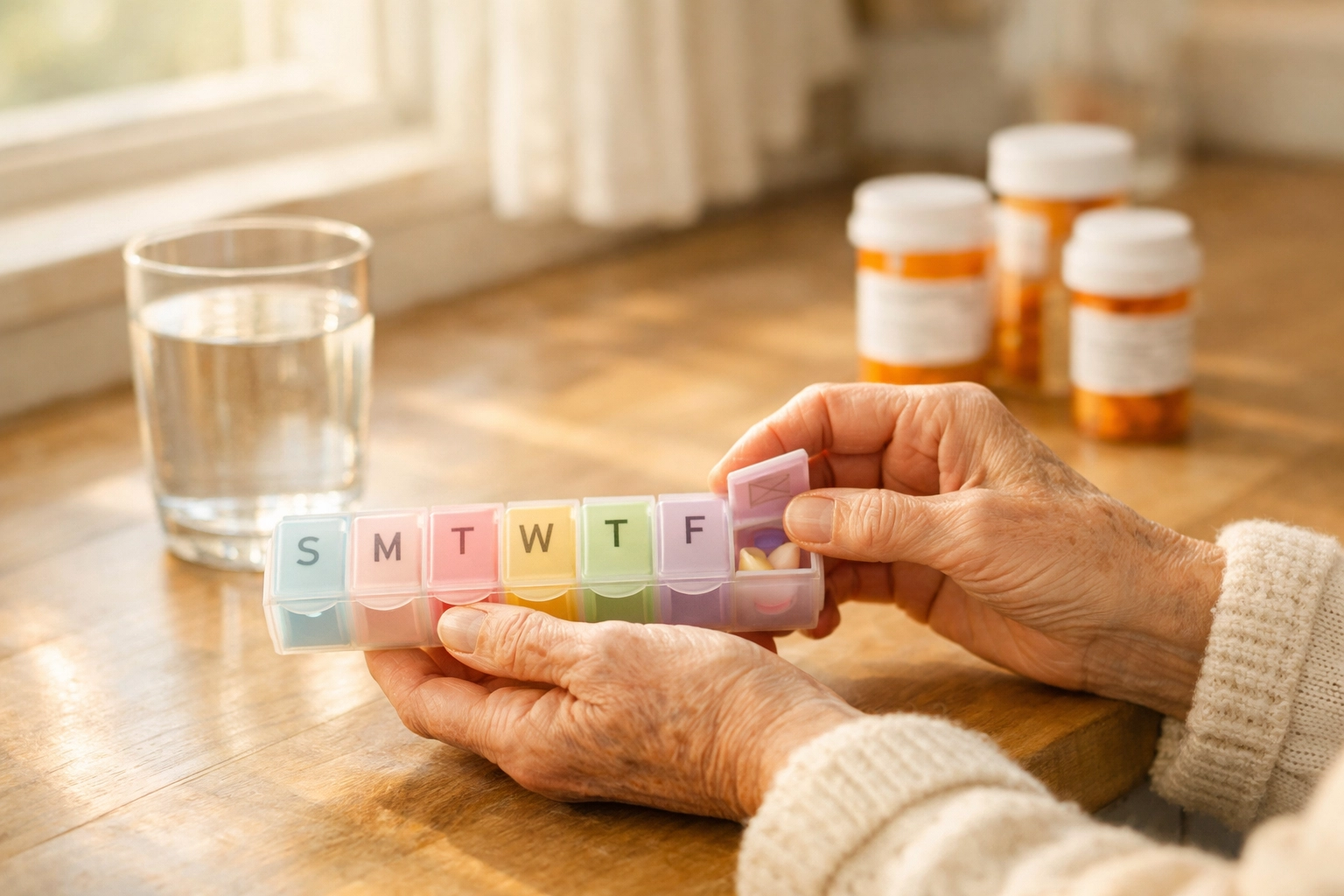 Senior managing daily medications with pill organizer at home