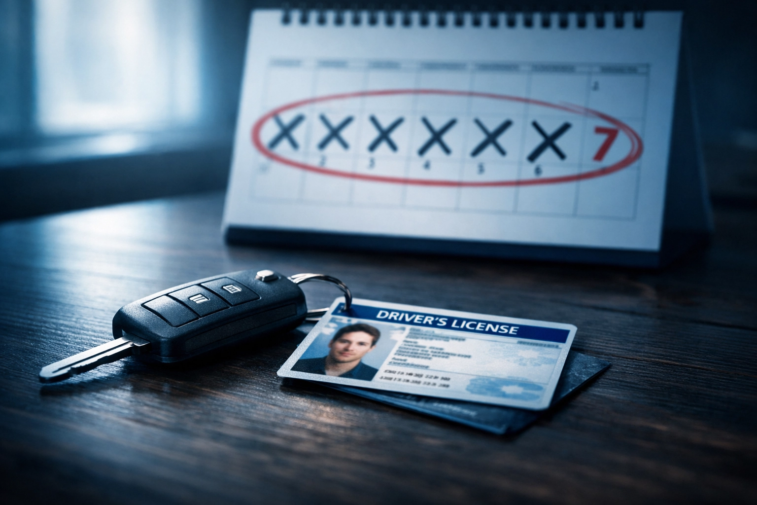 Driver's license and keys with calendar showing 7-day DMV hearing deadline for DUI cases