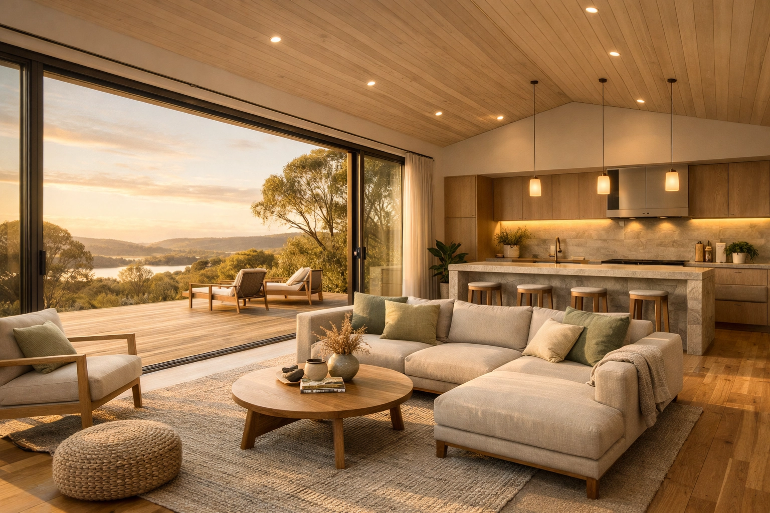 Luxury modular home interior showing an open-plan living area and seamless indoor-outdoor living flow.
