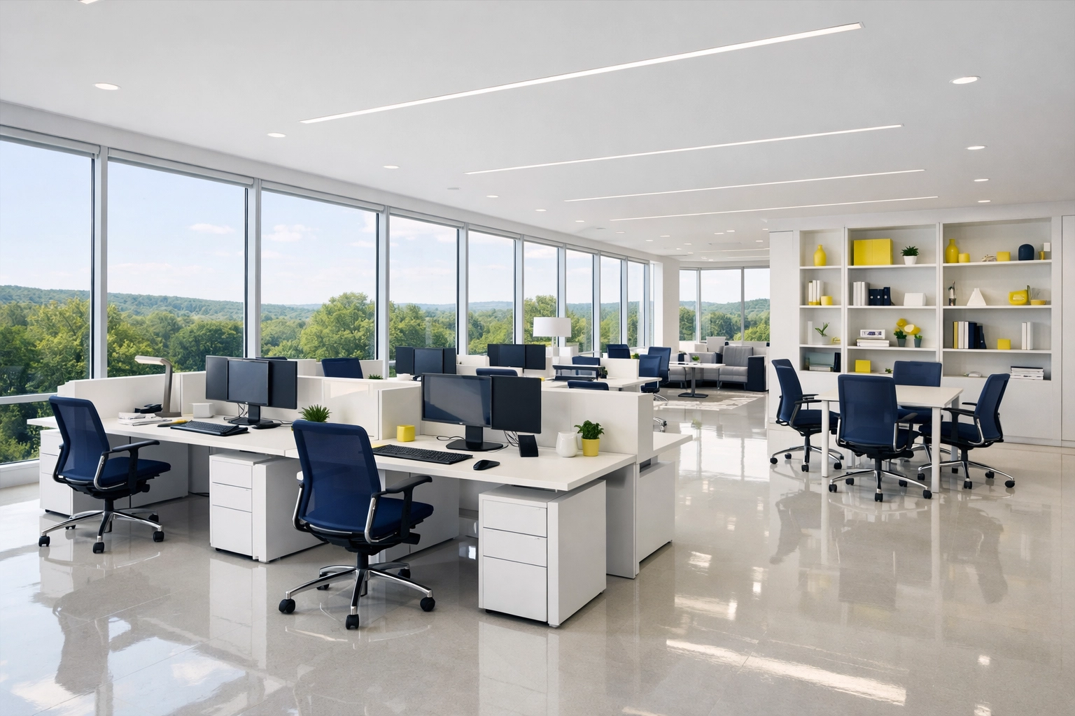A clean, modern open-plan office suite in Westborough showing the results of professional commercial cleaning services.