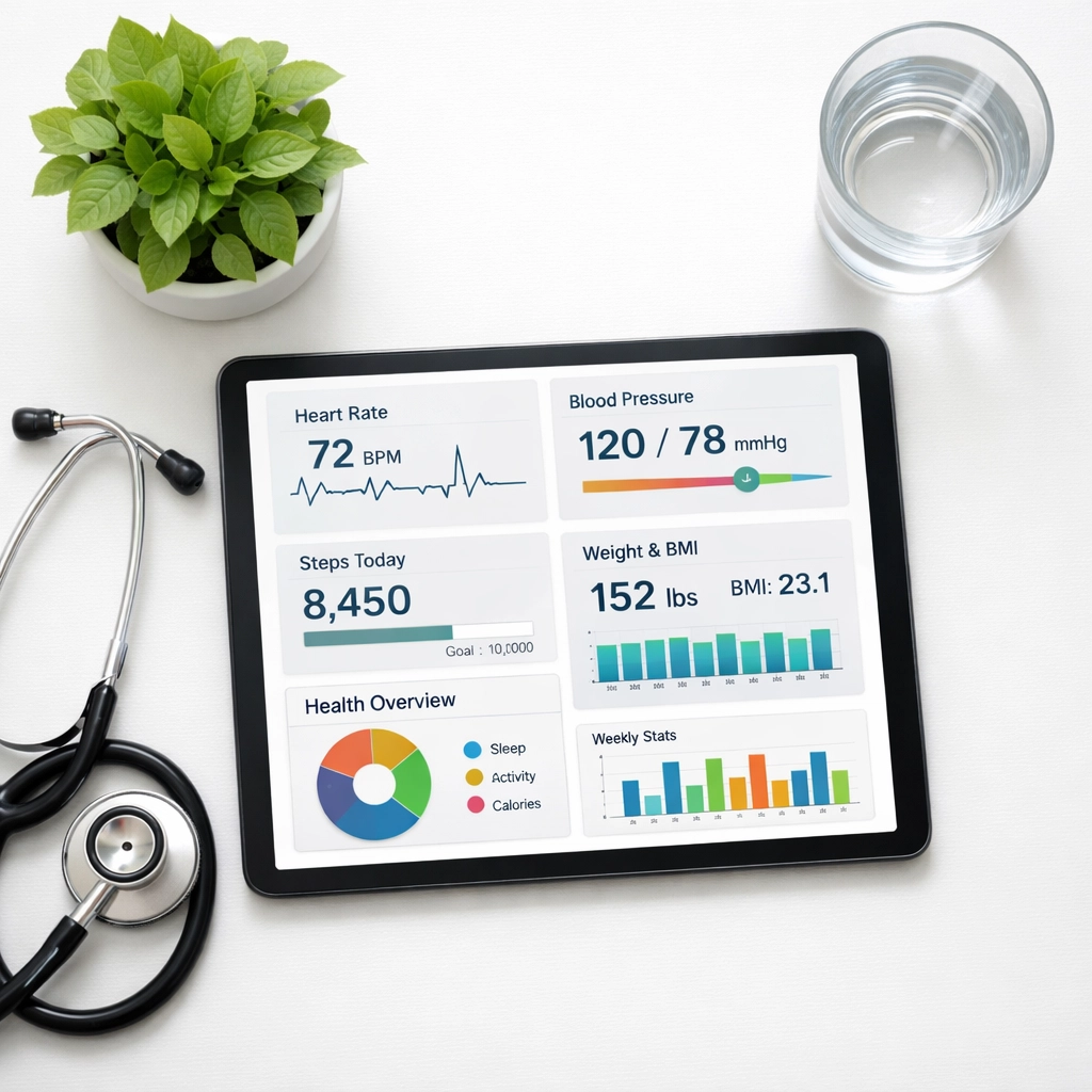 Medical weight loss consultation setup with health tracking tablet and medical equipment