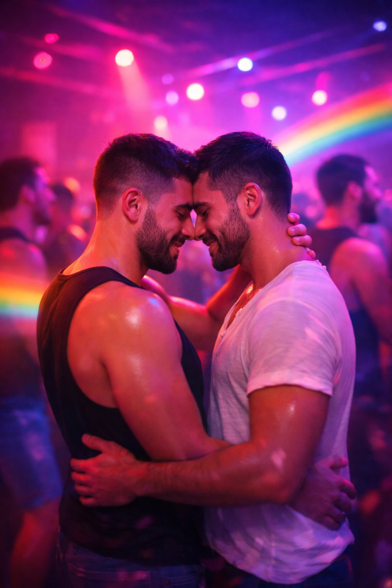 Two men sharing intimate moment dancing in Rio gay nightclub with rainbow lights