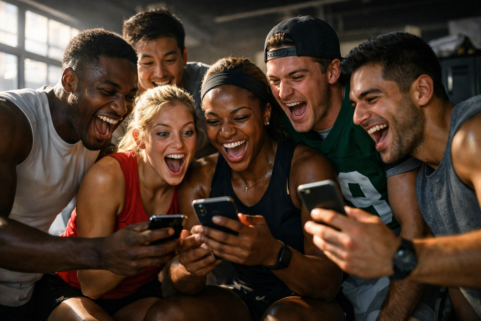 College athletes celebrating viral Super Bowl content success on their phones in team facility