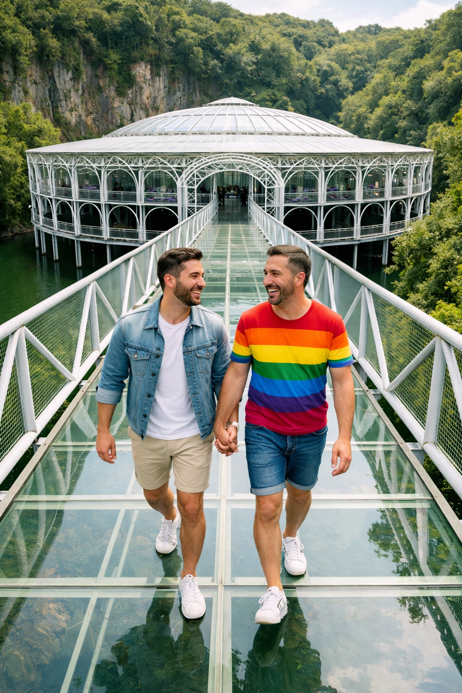 Two men walking hand-in-hand at the stunning Wire Opera House, a top gay travel destination.