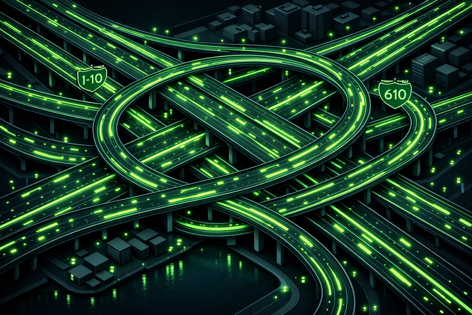 Houston highway interchange illustration showing wide service coverage for professional towing.