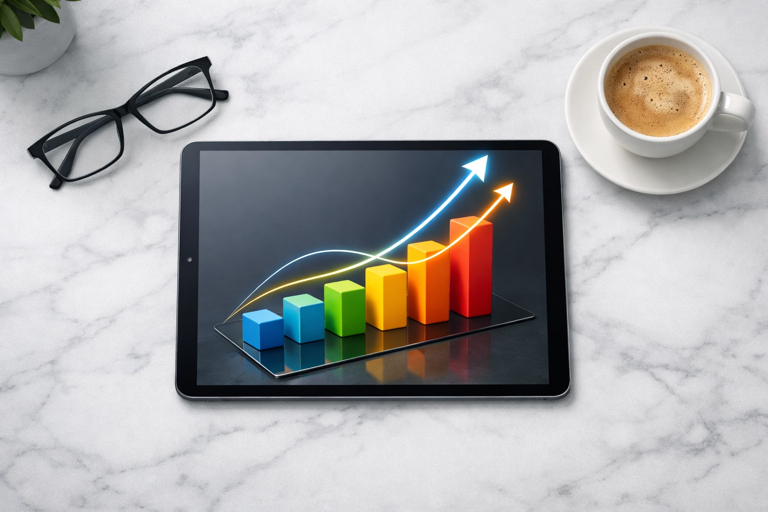 Modern workspace featuring a tablet displaying rising growth charts and website performance data analytics.