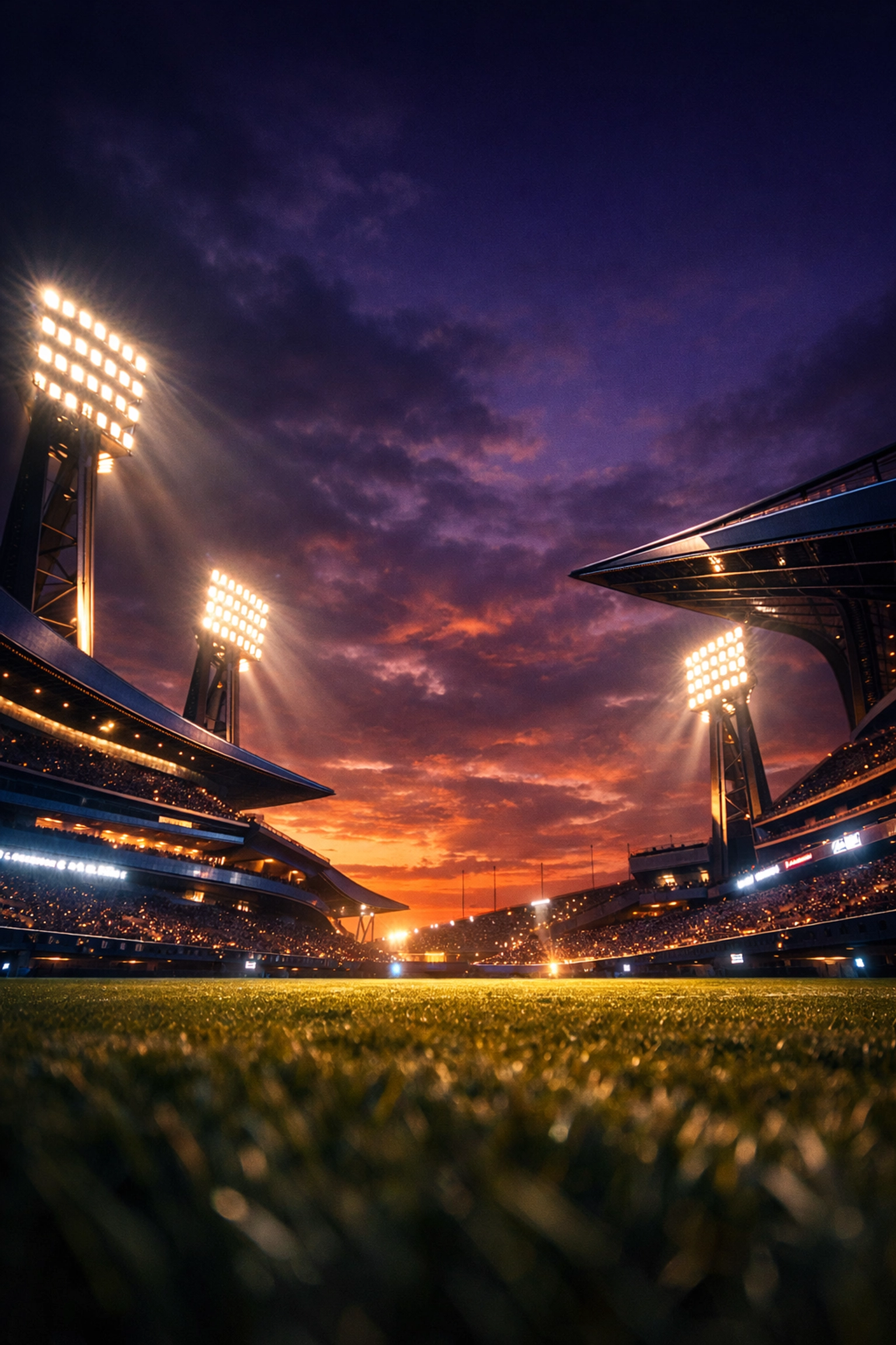 A high-performance futuristic sports stadium at dusk representing winning sports media strategies.