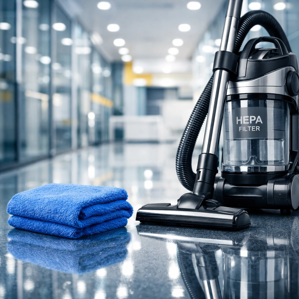 Professional commercial cleaning tools and a HEPA vacuum in a sanitized Cambridge tech office hallway.