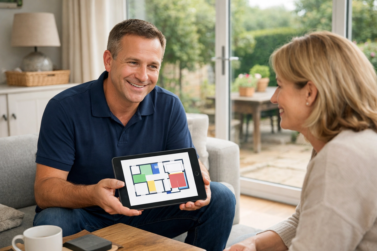 A security expert explaining home security systems to a Worcester resident during a home consultation.