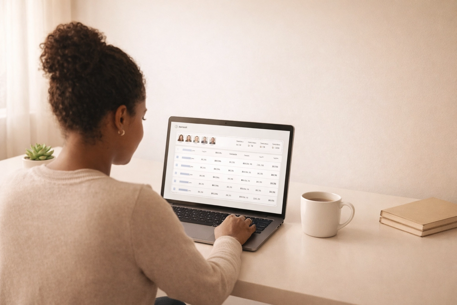 Small business owner reviewing payroll service dashboard on laptop at organized desk