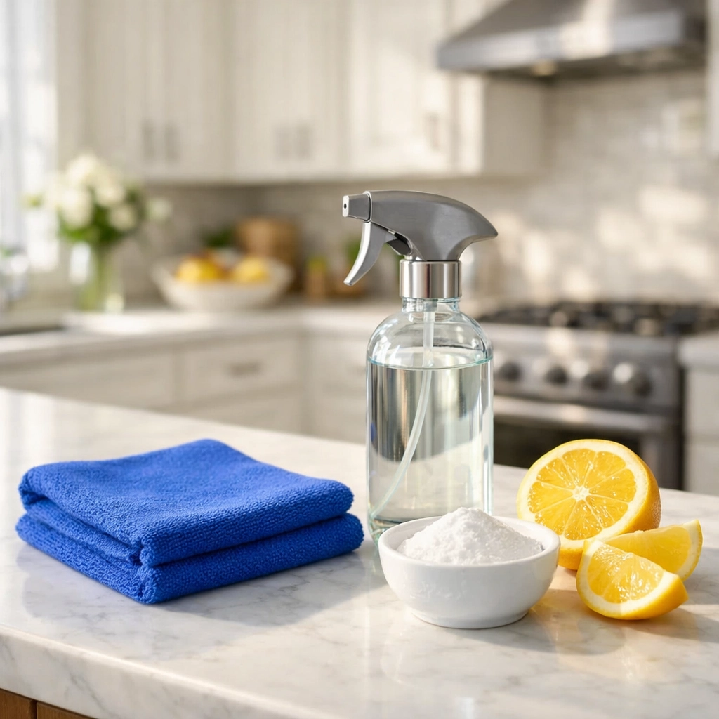 Eco-friendly house cleaning supplies like lemons and baking soda on a Leominster kitchen counter.