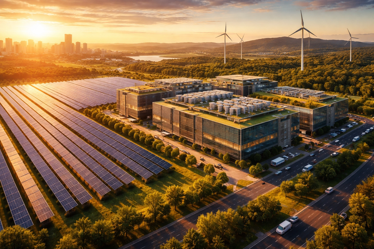 Aerial view of sustainable infrastructure projects showcasing modern real asset investment themes