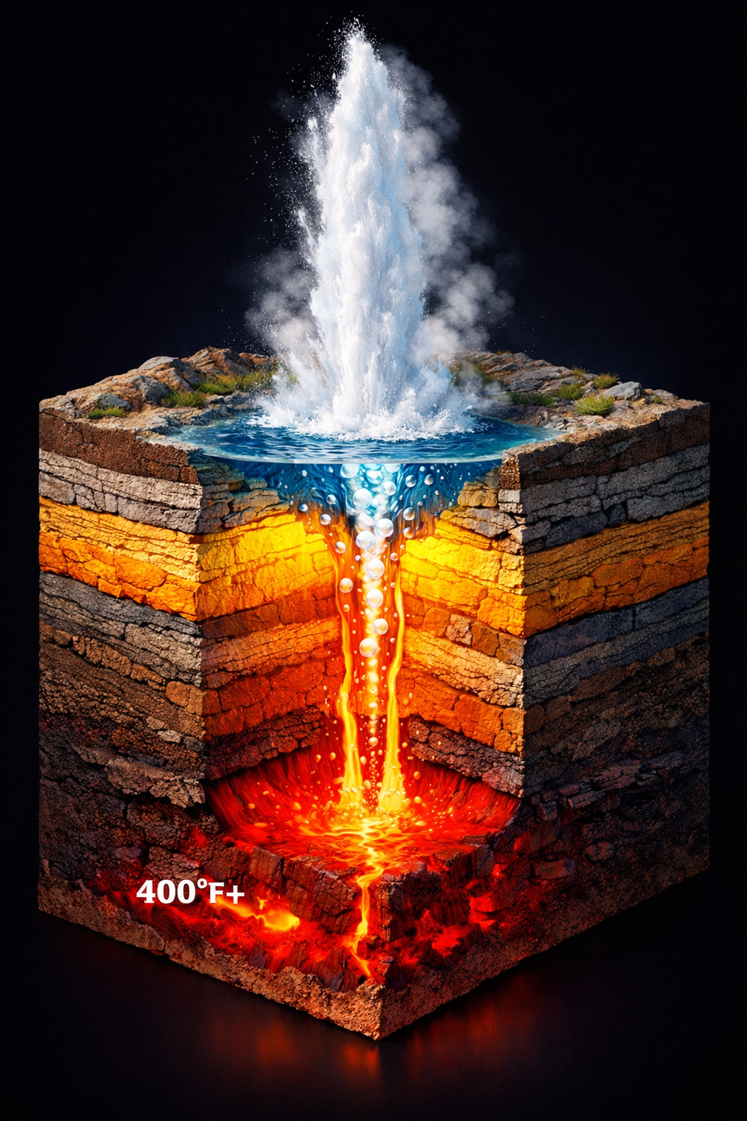 Cross-section diagram of Yellowstone geyser showing underground water heating and eruption cycle