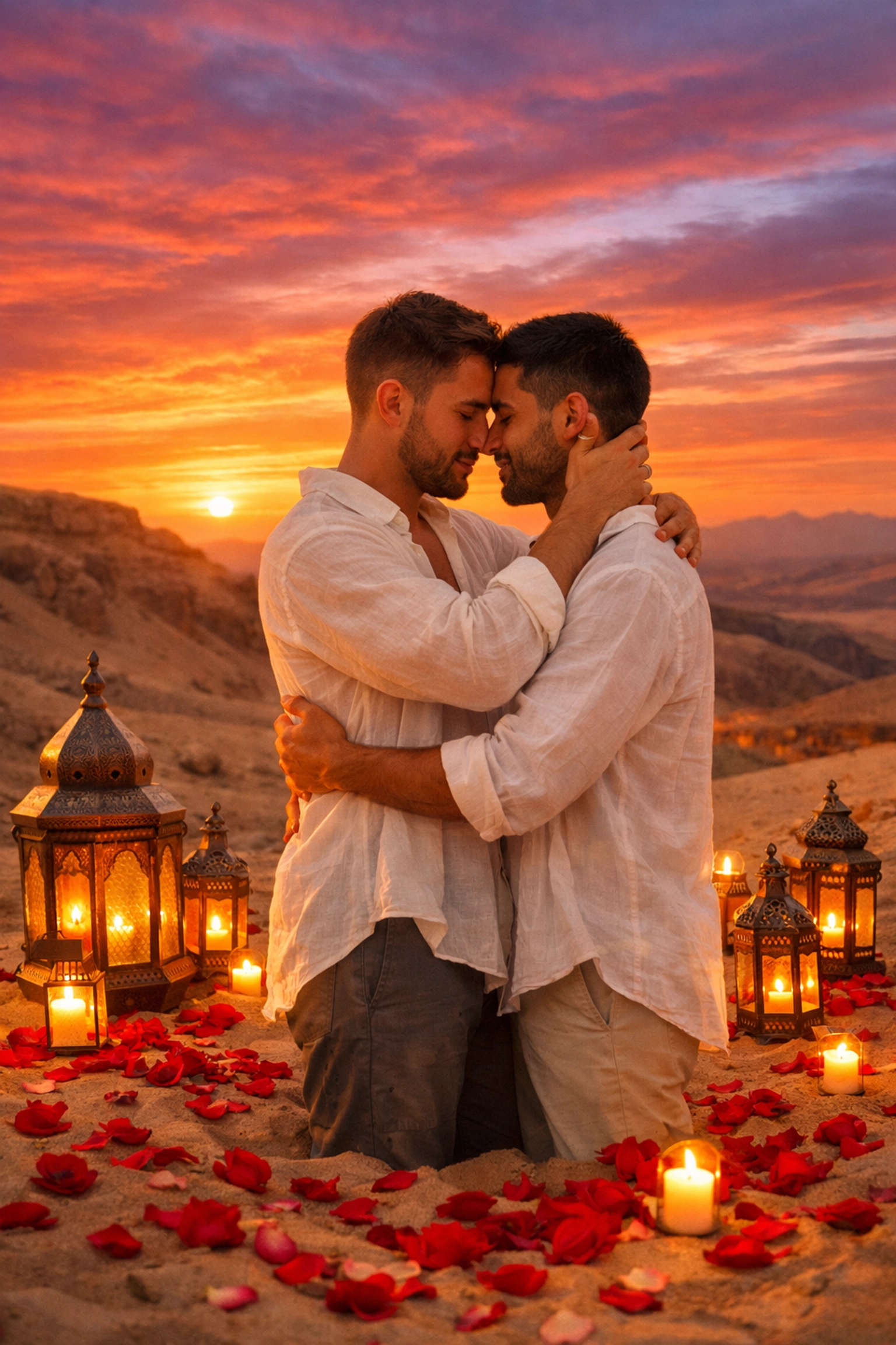 Gay couple embracing at sunset in Agafay Desert Morocco with lanterns