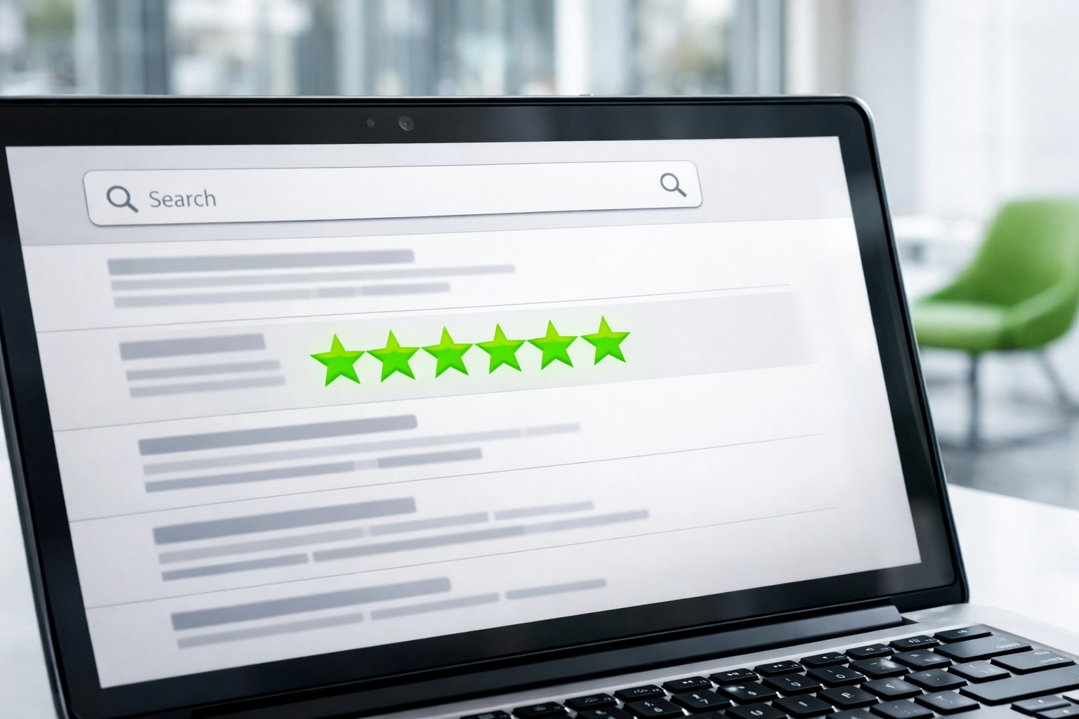 Laptop displaying five-star Google reviews and local search results for improved business credibility.