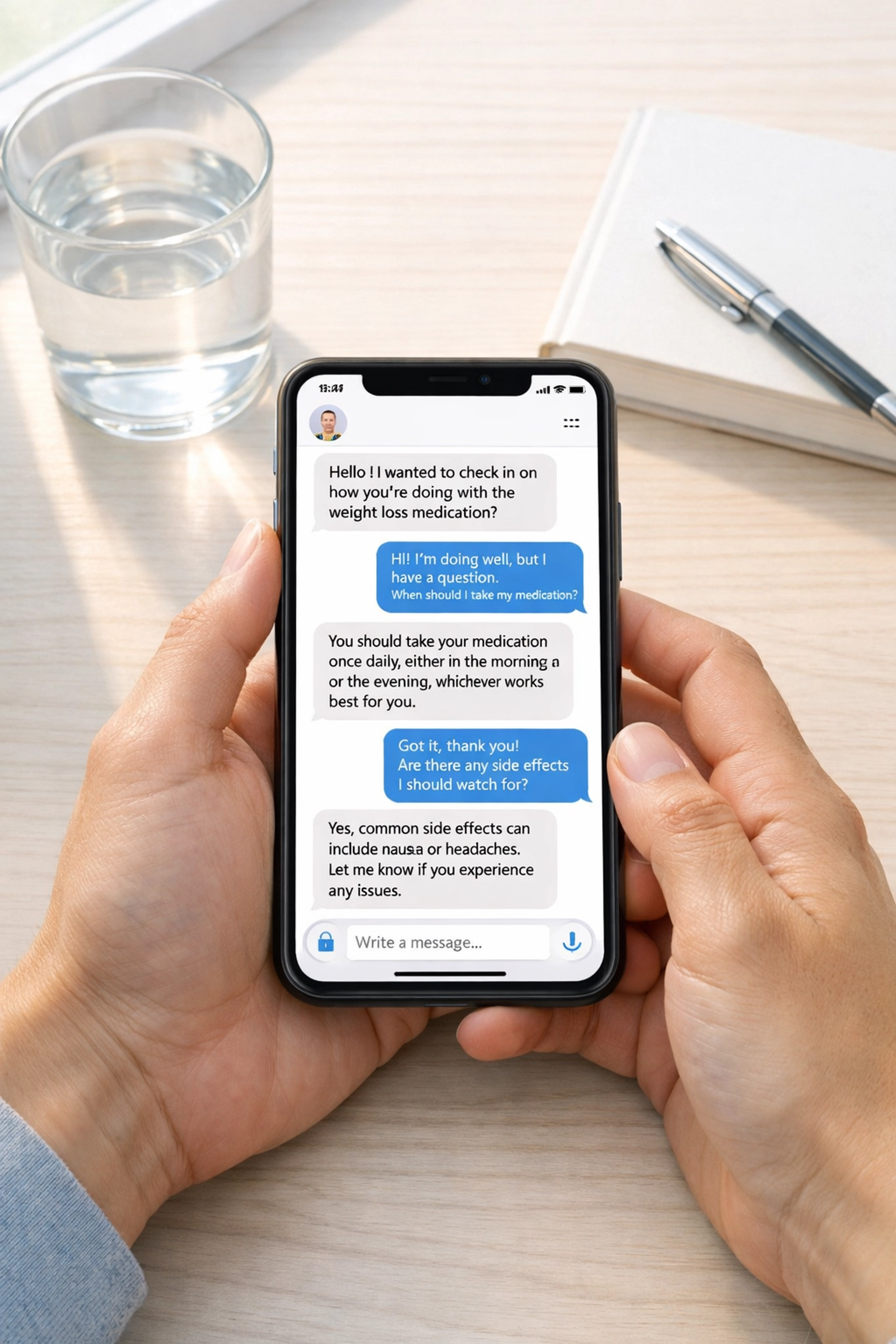 Patient texting with doctor about weight loss medication through secure telehealth messaging