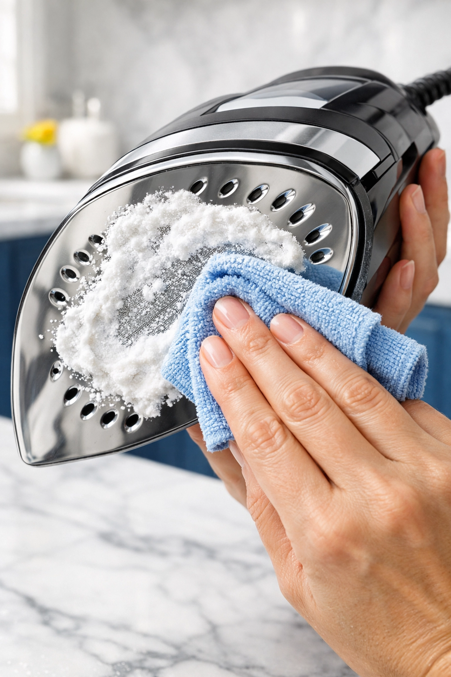Cleaning a stainless steel iron soleplate with a white baking soda paste and a microfiber cloth.