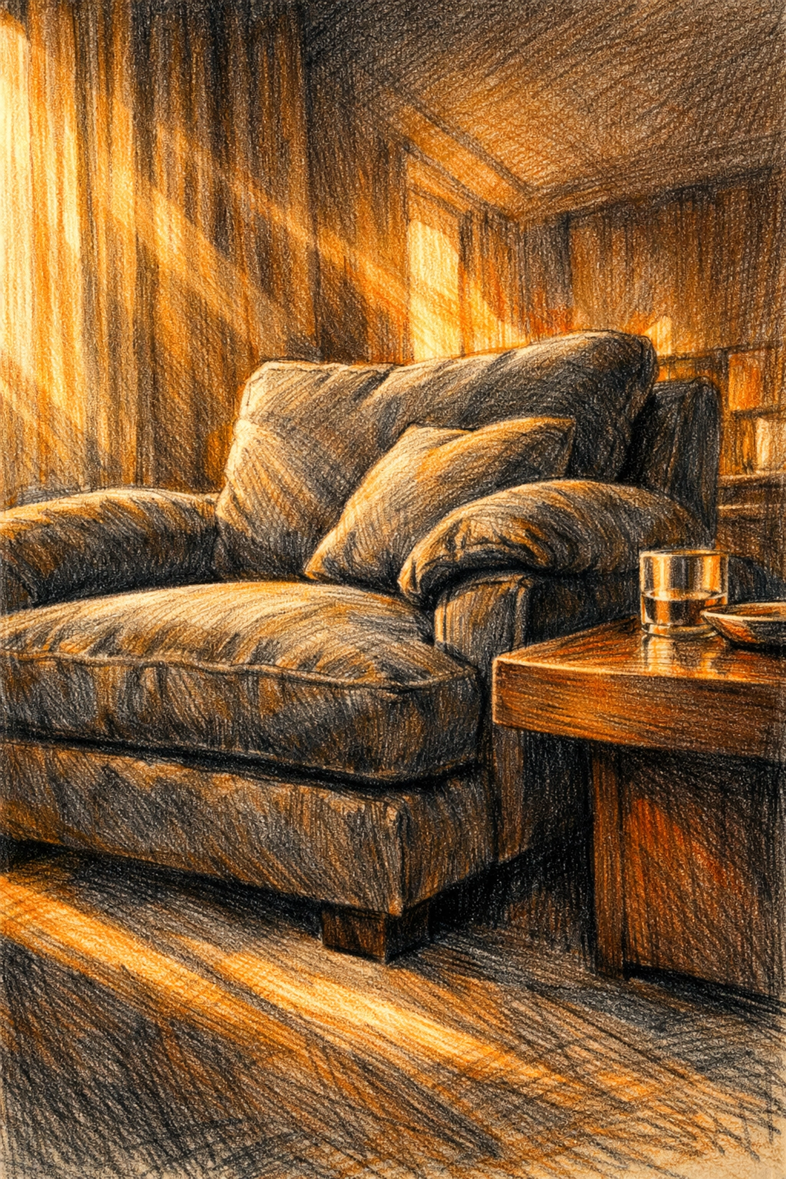 Plush hotel lounge chair and walnut side table illustrating Patricia Urquiola's comfortable hospitality design.