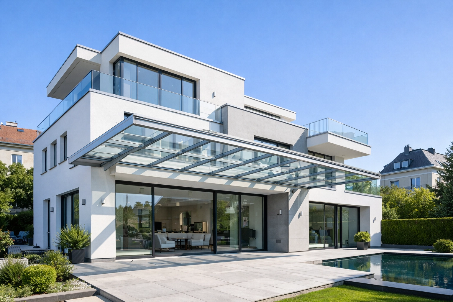 In die Hausfassade integrierte Terrassenüberdachung Wien aus Glas und Aluminium.