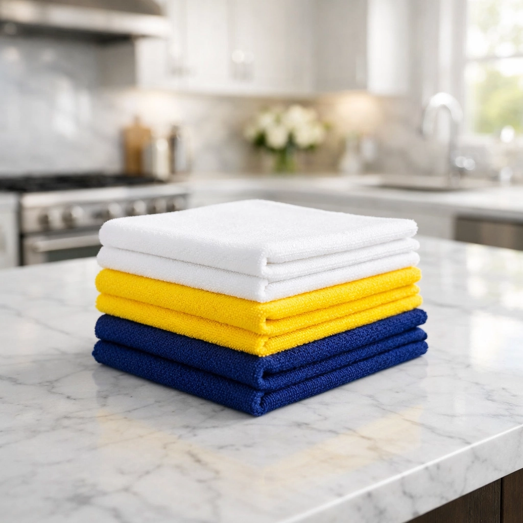 Organized stack of microfiber cloths for efficient weekly house cleaning in Bedford.