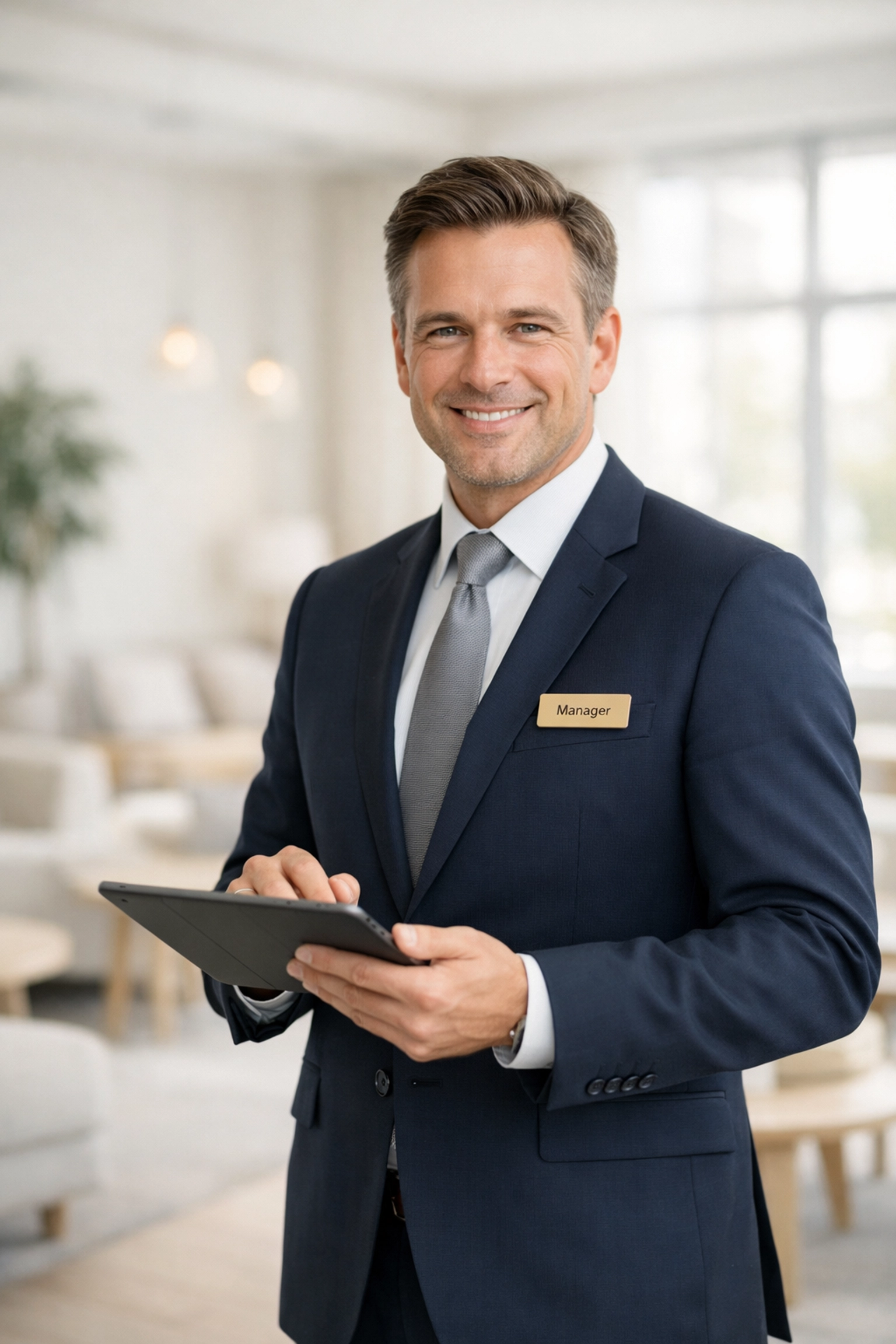 Modern hotel manager managing operations on a tablet via a cloud-native hotel PMS in a bright lounge.