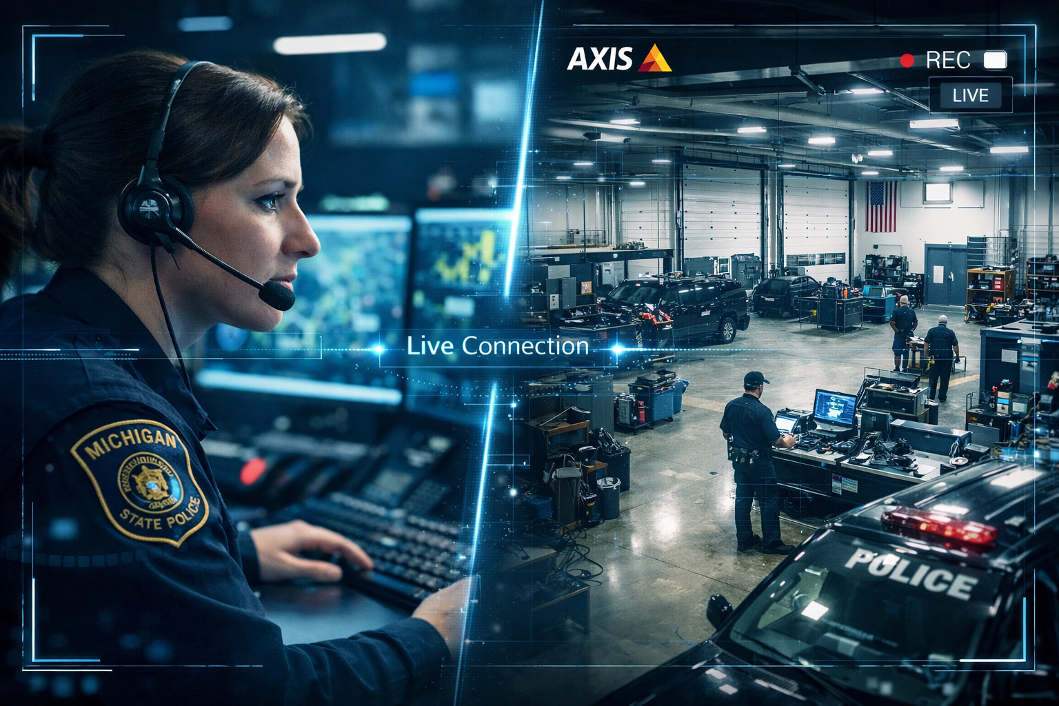 Michigan 911 dispatcher viewing real-time Axis camera video to coordinate emergency response for a business.